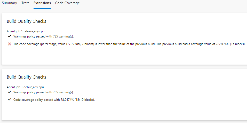 Build Quality Checks Summary Section Policy Result