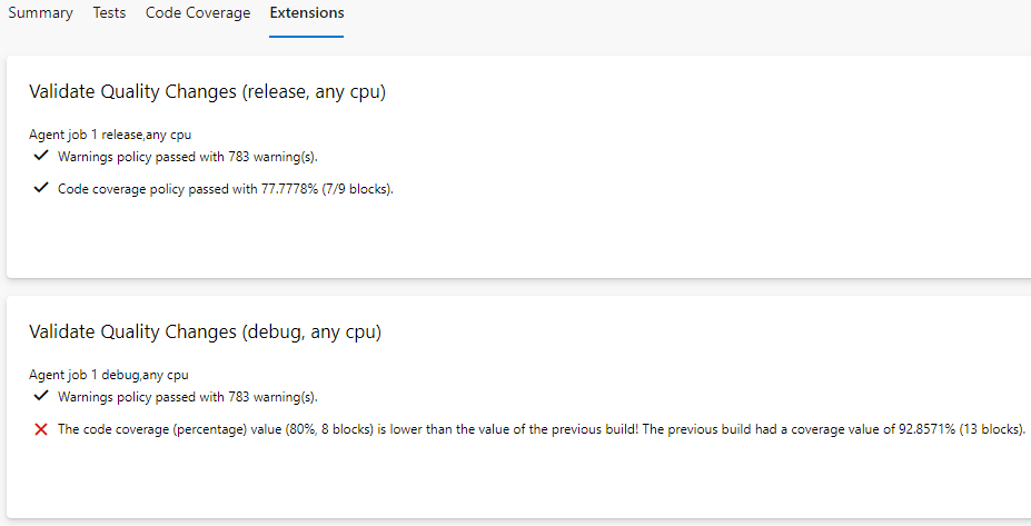 Build Quality Checks Summary Section Policy Result