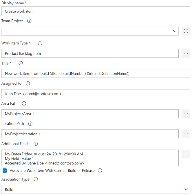 Configuring the Create Work Item task Default Task Parameters