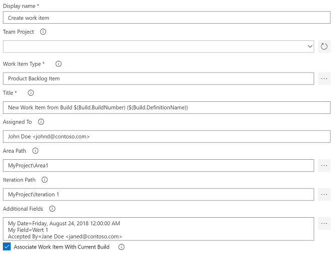 Configuring the Create Work Item task Default Task Parameters