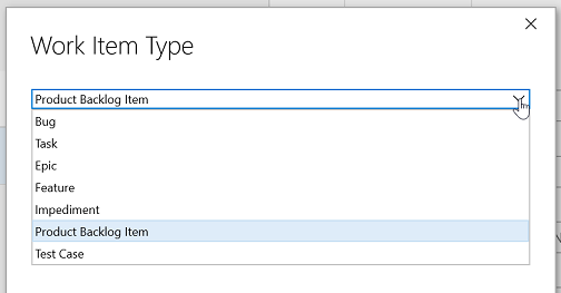 Selecting a work item type Work Item Type Picker